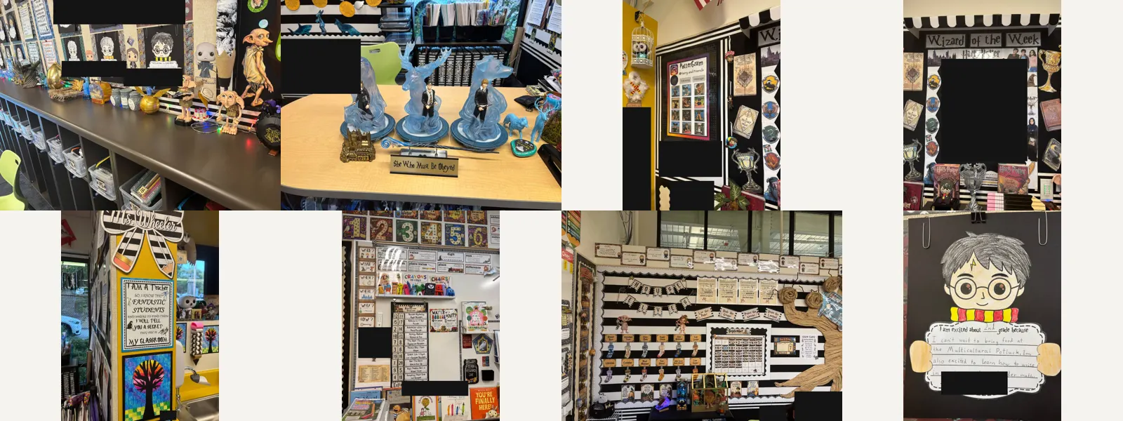 Mrs. Wheeler's Harry Potter-themed 2nd grade classroom — collage of eight photos